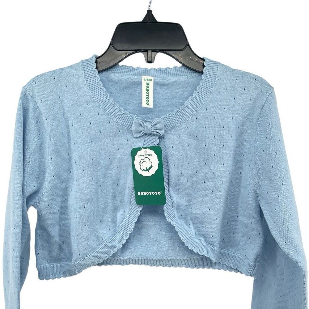 BOBOYOYO Girls’ Blue Cotton Knit Cropped Shrug Cardigan – XL